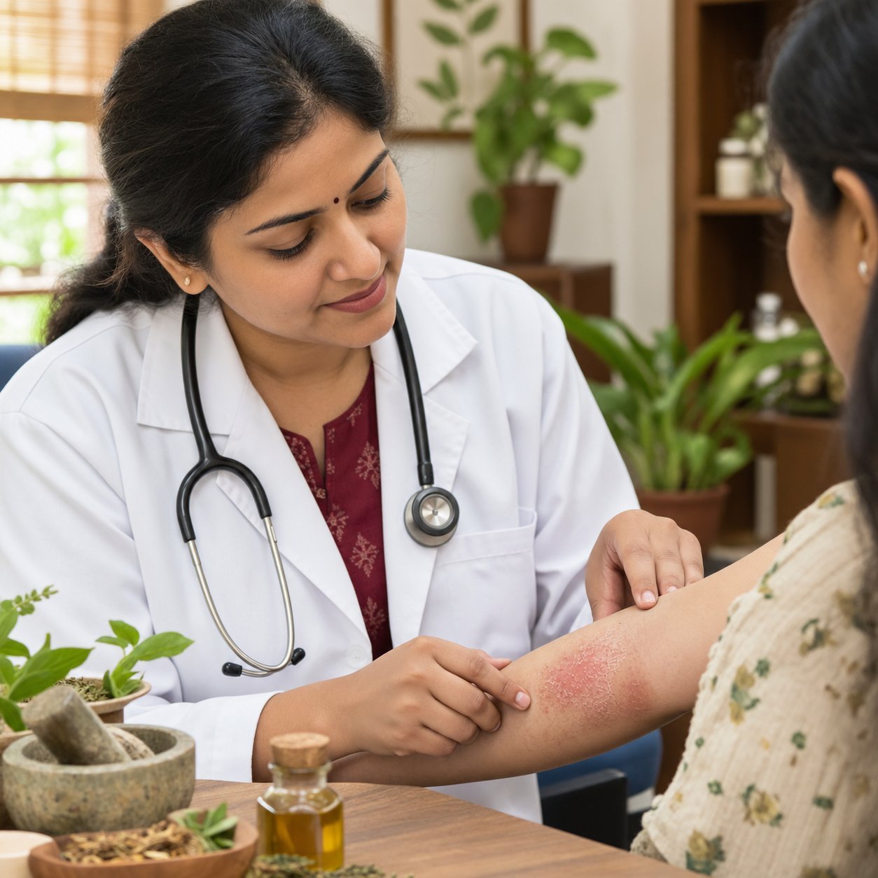 Ayurvedic doctor checking eczema on a patient's arm in Chennai