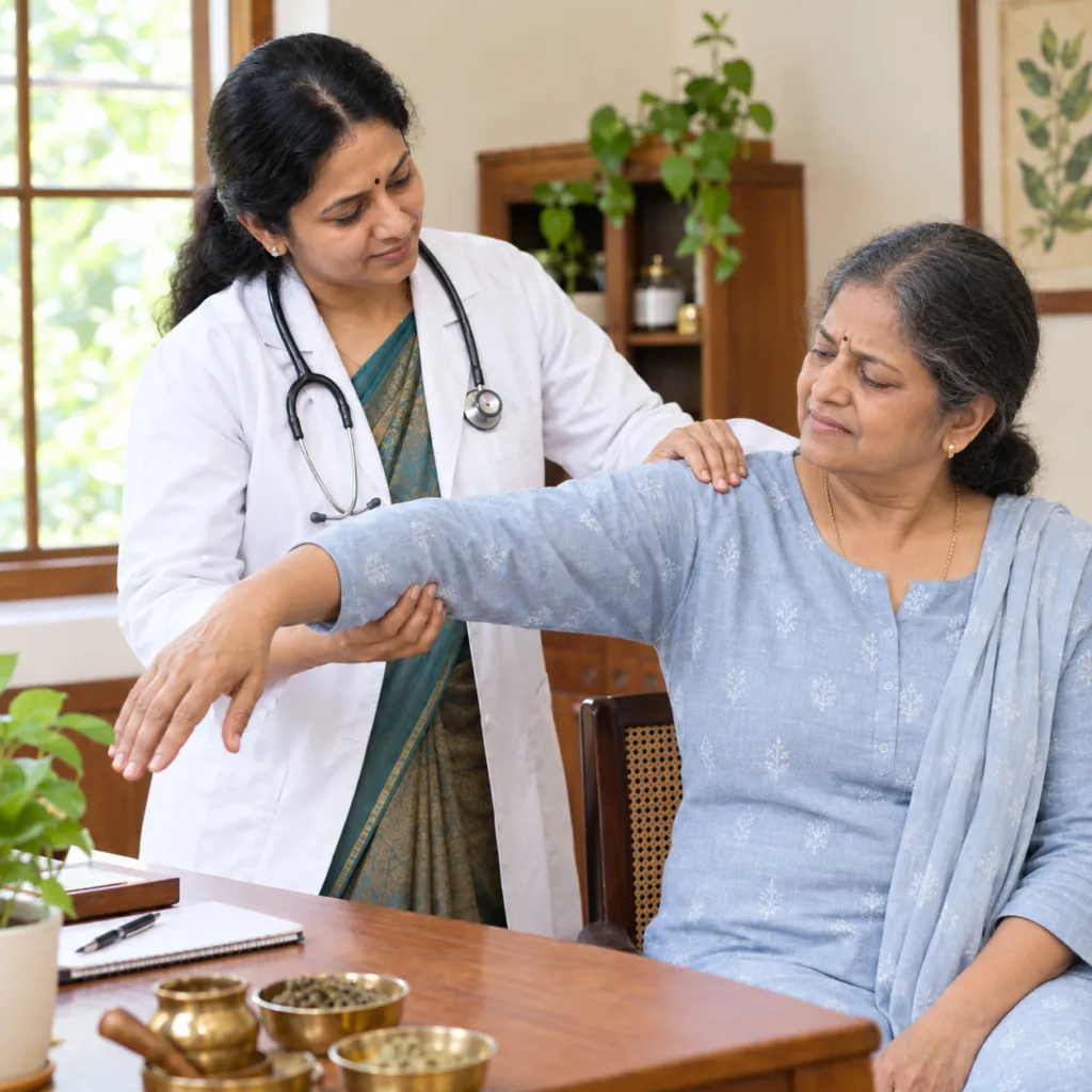 Ayurvedic doctor checking a woman's shoulder movement for frozen shoulder