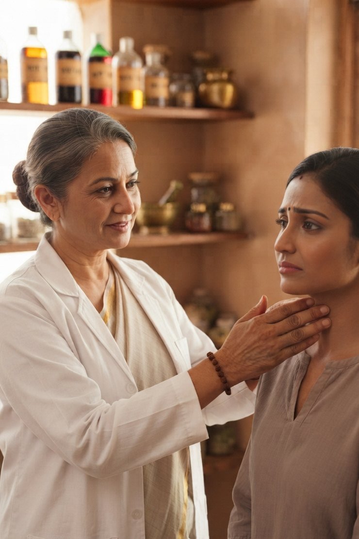 Ayurvedic doctor checking a woman's neck for thyroid swelling during a thyroid consultation in Chennai