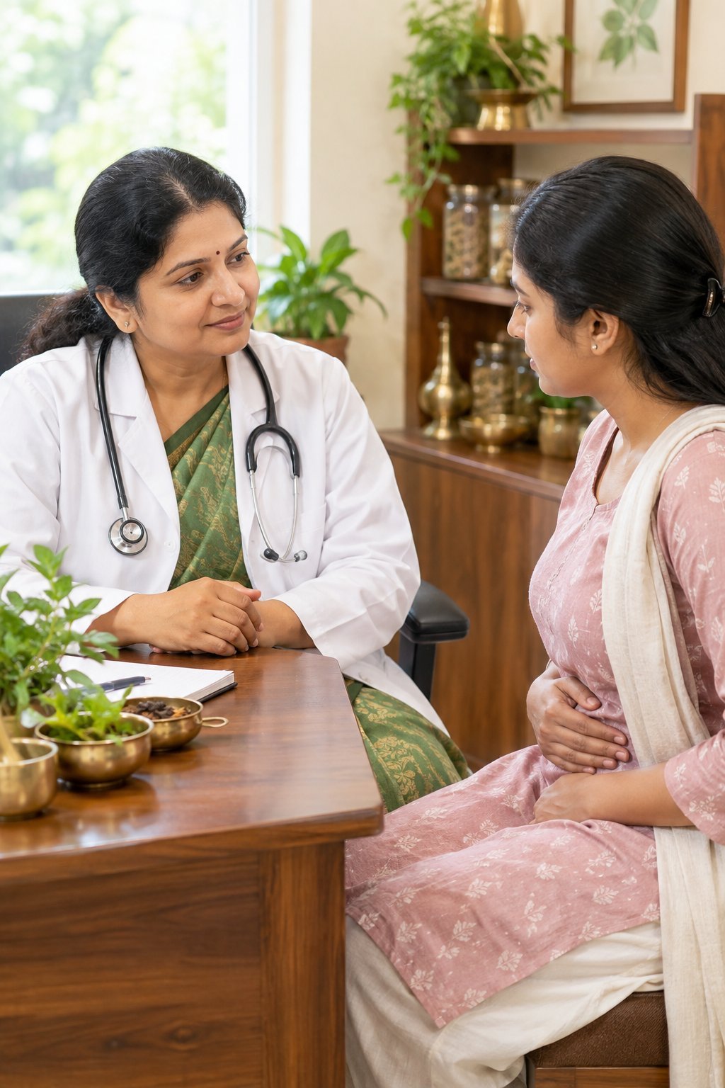 Ayurvedic doctor consulting a woman about uterine fibroid symptoms in Chennai