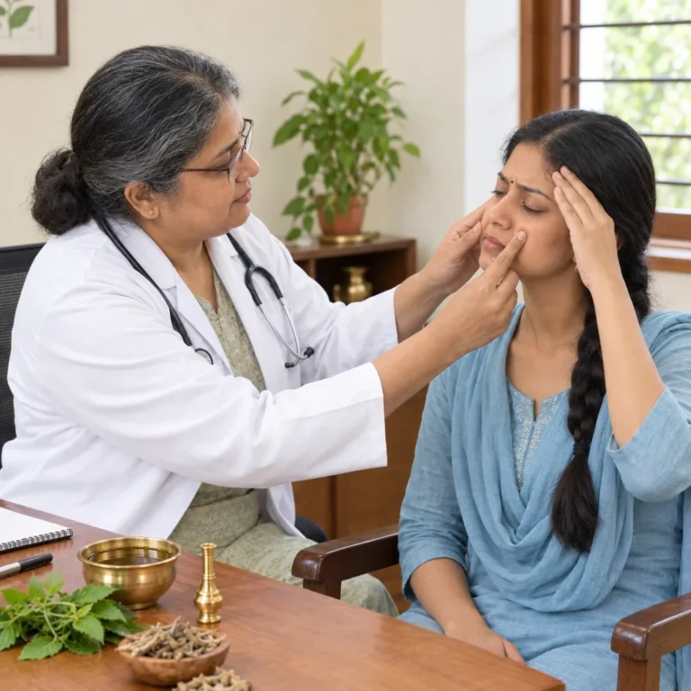 Ayurvedic doctor examining a woman's sinuses at Shree Kriyas, Chennai