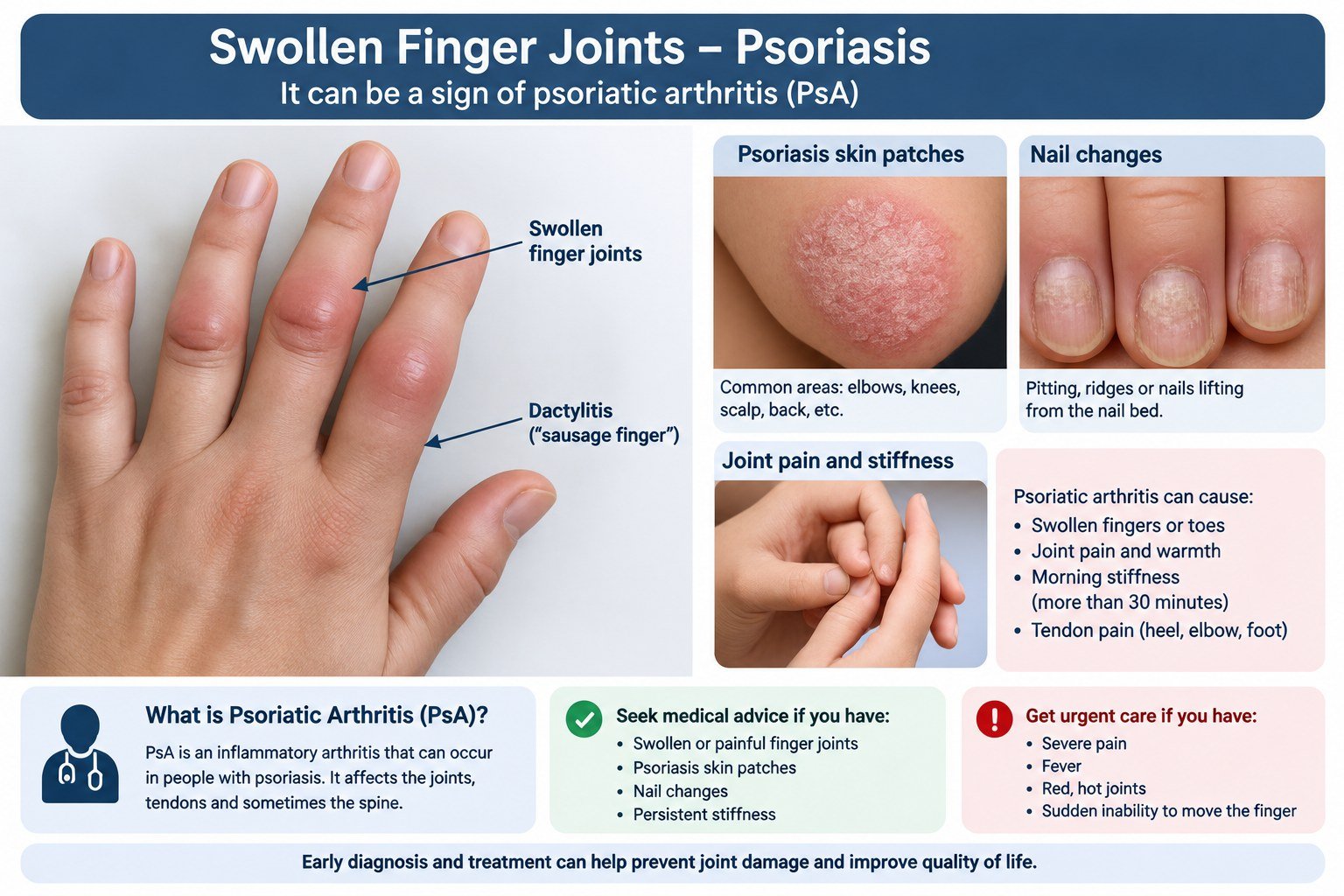 Psoriatic arthritis symptoms: swollen finger joints, psoriasis skin patches and nail changes