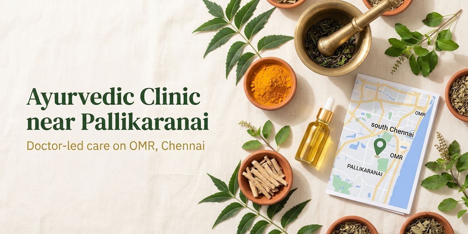 Ayurvedic herbs, oil and a map pin for an Ayurvedic clinic near Pallikaranai, Chennai