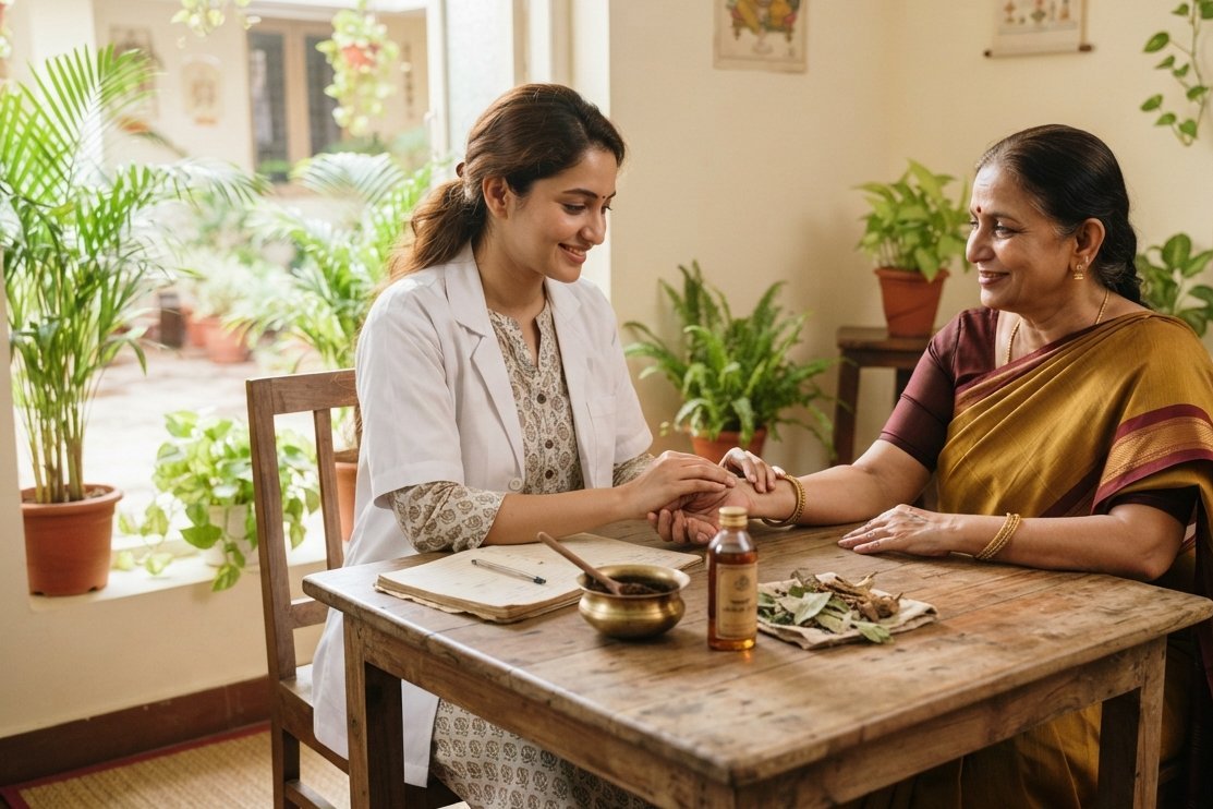Ayurvedic doctor checking an older patient's pulse during an osteoporosis consultation in Chennai