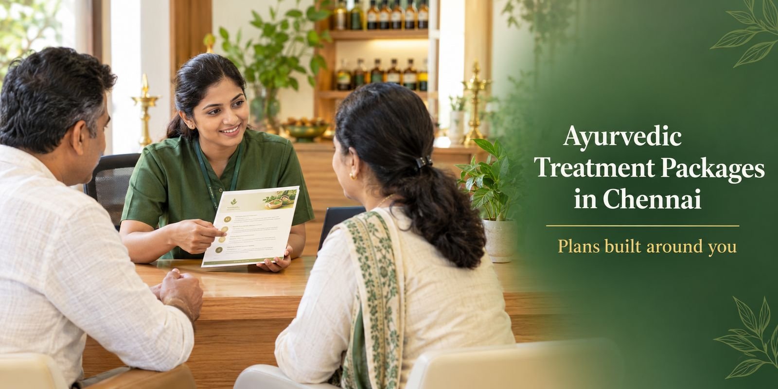 Patients discussing Ayurvedic treatment packages at a hospital reception in Chennai