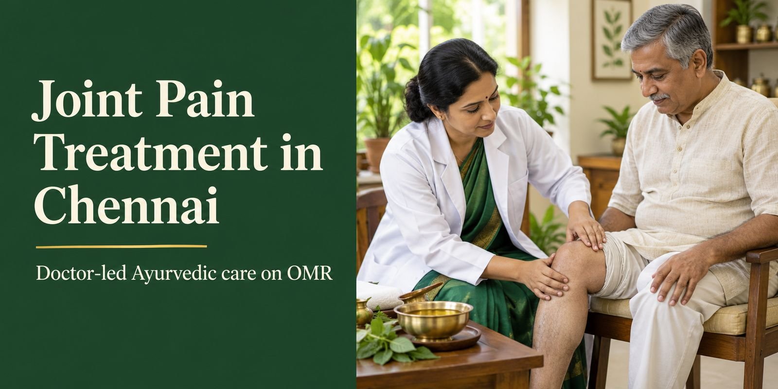 Ayurvedic doctor checking a patient's knee for joint pain treatment in Chennai