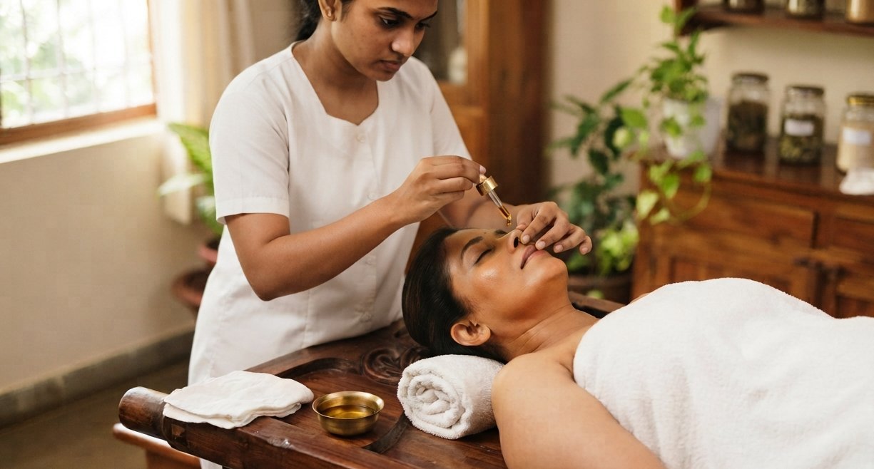 Ayurvedic therapist giving Nasyam nasal oil therapy to a patient in Chennai